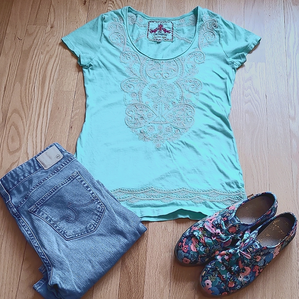 JW Los Angeles Mint Green Embroidered Scoop Neck Tee